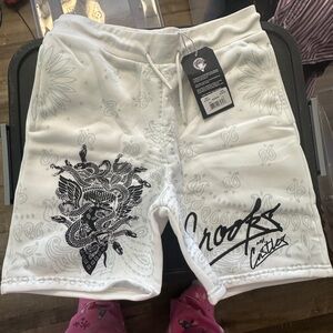 Crooks & Castles White and Black Graphic Athletic Shorts